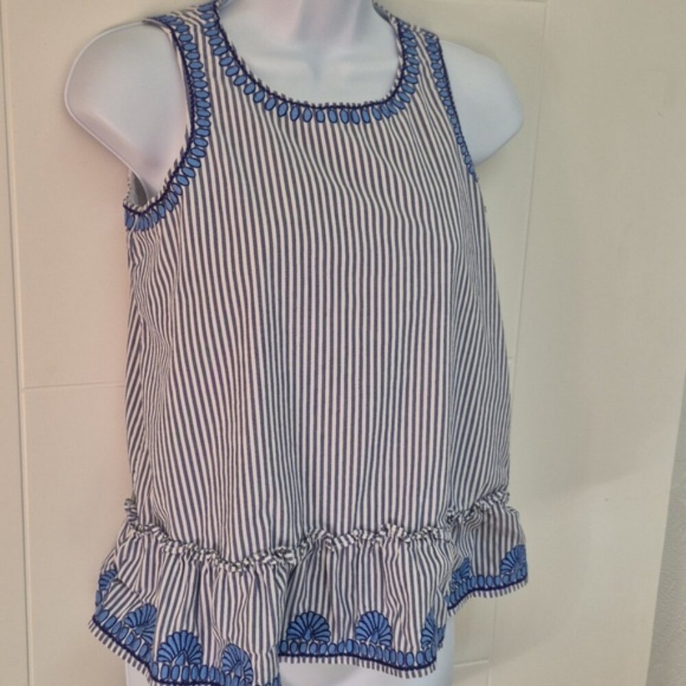 Vineyard Vines Striped Peplum Sleeveless Top with Blue Embroidery Preppy XXS